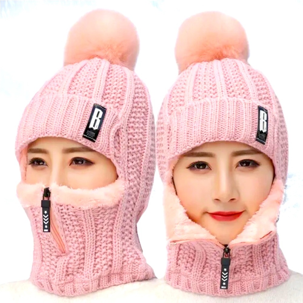 Pink Pom knitted ski hat windproof OS